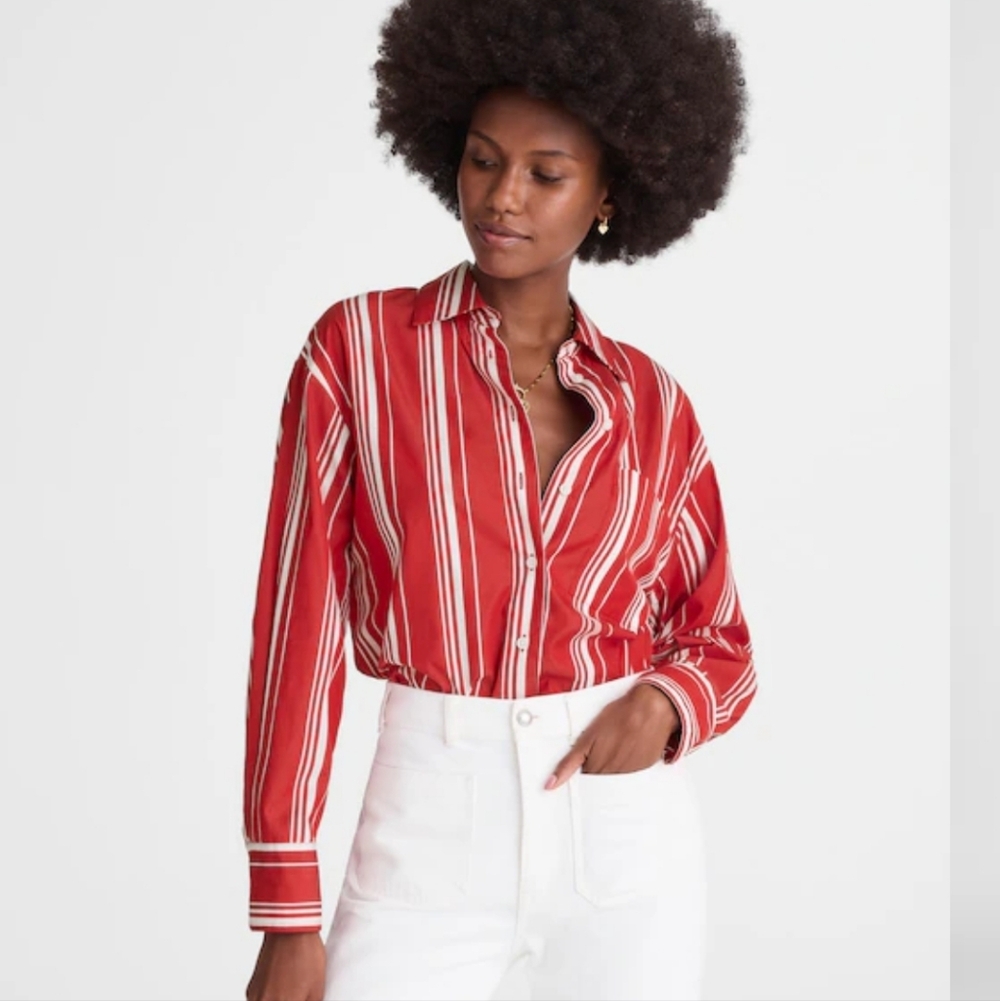 Madewell Oversized Button-up Shirt in Cotton Poplin - Cherry Red & White